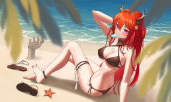 Rule 34 | 1girl, anklet, arknights, arm up, ass, back, bad anatomy, bare arms, bare shoulders, barefoot, beach, bikini, black bikini, blush, breasts, brown footwear, butt crack, chain, cleavage, criss-cross halter, day, food, food in mouth, hair between eyes, hair ornament, hair rings, halterneck, hand in own hair, horns, jewelry, knee up, large breasts, long hair, mouth hold, nail polish, official alternate costume, on ground, outdoors, pink nails, popsicle, purple eyes, red hair, sand sculpture, sandals, unworn sandals, side-tie bikini bottom, sitting, skindentation, solo, star (symbol), star hair ornament, starfish, surtr (arknights), surtr (colorful wonderland) (arknights), swimsuit, toenail polish, toenails, twisted torso, water, z.m. (zimin)