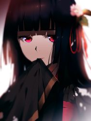 Rule 34 | 1girl, black hair, blunt bangs, blurry, enma ai, flower, hair flower, hair ornament, hair ribbon, highres, japanese clothes, jeky-kun, jigoku shoujo, kimono, long hair, looking at viewer, mouth hold, red eyes, ribbon, sidelocks, solo, upper body, white background, wide sleeves
