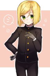Rule 34 | 10s, 1girl, alternate hairstyle, bad id, bad pixiv id, black gloves, black jacket, black pants, blonde hair, bob cut, closed mouth, cosplay, cowboy shot, fate/extra, fate/extra ccc, fate (series), gakuran, gloves, green eyes, hand on own chest, hand on own hip, highres, jacket, kishinami hakuno (male), kishinami hakuno (male) (cosplay), kyuuri (yumi20010221), leonard bistario harway, long sleeves, looking at viewer, male focus, pants, pink background, school uniform, short hair, smile, solo, standing, striped clothes, striped gloves, swept bangs, two-tone background, vertical-striped clothes, vertical-striped gloves