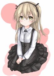 Rule 34 | 1girl, black bow, black bowtie, black ribbon, black skirt, blush, bow, bowtie, brown eyes, casual, collared shirt, commentary request, full body, girls und panzer, hair ribbon, hands on lap, high-waist skirt, highres, langley1000, layered skirt, light brown hair, light frown, long hair, long sleeves, looking at viewer, one side up, parted lips, ribbon, shimada arisu, shirt, sitting, skirt, solo, suspender skirt, suspenders, white shirt