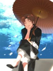 Rule 34 | 1boy, ^ ^, ahoge, bad id, bad pixiv id, blurry, braid, brown hair, head rest, chinese clothes, closed eyes, cloud, cloudy sky, closed eyes, gintama, hair over shoulder, hand on own cheek, hand on own face, head tilt, highres, kamui (gintama), crossed legs, long hair, male focus, md5 mismatch, oil-paper umbrella, open mouth, parasol, petals, sennen suisei, single braid, sitting, sky, sleeves past elbows, sleeves rolled up, smile, solo, umbrella
