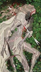 Rule 34 | 1girl, ami thompson, armor, arrow (projectile), blonde hair, blood, from above, gauntlets, grass, ivy, jpeg artifacts, long hair, lying, original, shoulder armor, signature, solo, sword, weapon
