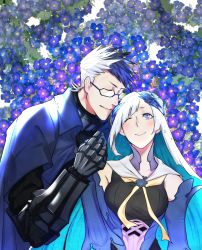 Rule 34 | 1boy, 1girl, aqua hair, armor, blue eyes, blue flowers, blush, boorunrun, brynhildr (fate), closed mouth, commentary request, closed eyes, fate/grand order, fate (series), flower, gauntlets, glasses, holding hands, headpiece, holding, long hair, multicolored hair, one eye closed, purple eyes, sigurd (fate), smile, spiked hair, spikes, two-tone hair, very long hair