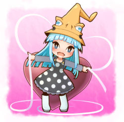 Rule 34 | 00s, 1girl, blue hair, boots, chibi, dress, eruka frog, gradient background, hat, kiriga naina, long hair, pantyhose, solo, soul eater, table, witch, witch hat