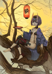 Rule 34 | 1girl, barefoot, bob cut, fate/grand order, fate (series), feet, highres, horns, looking at viewer, parted lips, purple eyes, purple hair, shuten douji (fate), sitting, toes, tree