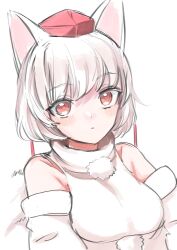 Rule 34 | 1girl, animal ears, bare shoulders, breasts, hat, highres, inubashiri momiji, looking at viewer, medium breasts, open mouth, red eyes, shirt, short hair, simple background, solo, tail, tokin hat, touhou, upper body, white background, white hair, white shirt, white sleeves, wolf ears, wolf girl, wolf tail, yoyoiro (sysi20)
