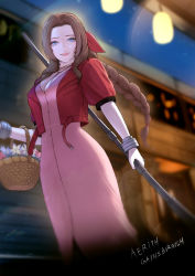 Rule 34 | 1girl, aerith gainsborough, basket, blue eyes, blurry, bow, bracelet, braid, breasts, brown hair, buttons, character name, choker, cleavage, cropped jacket, depth of field, dress, final fantasy, final fantasy vii, final fantasy vii remake, flower, flower basket, forehead, from below, hair bow, jacket, jewelry, light smile, lips, long braid, long hair, looking at viewer, loveless avenue, medium breasts, mezzo (orbanga21), night, pink dress, red bow, red jacket, ribbon choker, single braid, solo, square enix, staff