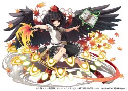 Rule 34 | 1girl, bird wings, black hair, black skirt, black socks, black wings, book, closed mouth, commentary request, copyright name, copyright notice, frilled skirt, frills, full body, game cg, geta, hand fan, hat, hauchiwa, holding, holding fan, kozakura (dictionary), leaf, looking at viewer, maple leaf, pom pom (clothes), red eyes, red footwear, red hat, shameimaru aya, short hair, short sleeves, simple background, skirt, socks, solo, tengu-geta, tokin hat, touhou, touhou danmaku kagura, white background, wings