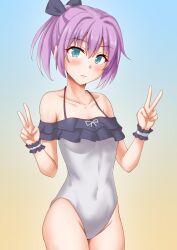 Rule 34 | 1girl, alternate costume, anti (untea9), aqua eyes, blue eyes, blush, breasts, casual one-piece swimsuit, covered navel, embarrassed, gradient background, highres, kantai collection, miyako (blue archive), miyako (swimsuit) (blue archive), neck ribbon, one-piece swimsuit, pink hair, ponytail, ribbon, shiranui (kancolle), short hair, short ponytail, small breasts, solo, swimsuit, white one-piece swimsuit, yellow background