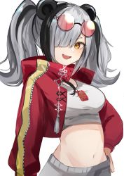 Rule 34 | 1girl, :d, arknights, azuazu 0405, black hair, commentary request, crop top, eyewear on head, feater (arknights), feater (gourmet) (arknights), grey hair, grey pants, hair over one eye, highres, jacket, looking at viewer, midriff, multicolored hair, navel, official alternate costume, open clothes, open jacket, open mouth, pants, red jacket, shirt, simple background, smile, solo, stomach, streaked hair, sunglasses, t-shirt, twintails, upper body, white background, white shirt, yellow eyes