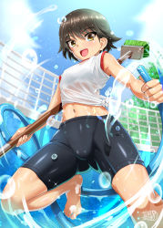 Rule 34 | 10s, 1girl, absurdres, barefoot, bike shorts, black shorts, broom, brown eyes, brown hair, cleaning brush, cloud, cloudy sky, commentary request, day, empty pool, feet, female focus, girls und panzer, gym shirt, highres, holding, hose, isobe noriko, looking at viewer, navel, open mouth, outdoors, pool, sekai saisoku no panda, shirt, short hair, shorts, sky, sleeves rolled up, smile, solo, splashing, standing, standing on one leg, tied shirt, toes, water, water drop, wet, wet clothes, wet face, wet shirt