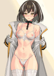 Rule 34 | 1girl, arknights, blush, bra, breasts, brown hair, coat, collar, cowboy shot, cupless bra, earrings, embarrassed, flying sweatdrops, gloves, gluteal fold, highleg, highleg panties, highres, jewelry, lingerie, looking at viewer, magallan (arknights), medium breasts, multicolored hair, nipples, o-ring, o-ring bottom, o-ring panties, open clothes, open coat, panties, parted lips, short hair, sigm@, simple background, single earring, solo, standing, streaked hair, string panties, sweatdrop, tearing up, thighhighs, underwear, underwear only, white bra, white gloves, white panties, white thighhighs, yellow eyes
