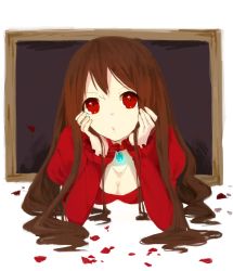 Rule 34 | 1girl, :o, breasts, brooch, brown hair, cleavage, he ji (ryou), head rest, ib (kouri), jewelry, lady in red (ib), long hair, petals, picture frame, red eyes, through medium, through painting