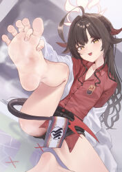 Rule 34 | 1girl, ahoge, barefoot, black hair, black horns, black shorts, black tail, blue archive, coat, collared shirt, demon horns, fang, feet, foot focus, halo, highres, horns, kasumi (blue archive), lab coat, long hair, open mouth, oversized clothes, red halo, red shirt, rryiup, shirt, shirt tucked in, shorts, smile, solo, white coat, yellow eyes