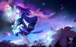 Rule 34 | 1girl, asymmetrical sleeves, bug, butterfly, china dress, chinese clothes, dress, hair ornament, highres, ho chile ma nin, insect, long hair, night, night sky, purple hair, qinshi mingyue, shao siming (qin shi ming yue), sky, thighhighs, weibo logo, weibo watermark