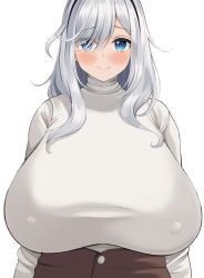 Rule 34 | 1girl, absurdres, blue eyes, blush, breasts, closed mouth, covered erect nipples, eyes visible through hair, hair over one eye, highres, huge breasts, long hair, long sleeves, looking at viewer, neneneji, original, silver hair, simple background, smile, solo, sweater, taut sweater, turtleneck, turtleneck sweater, upper body, white background, white sweater