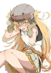 Rule 34 | 1girl, anianiani0607, artoria caster (fate), artoria caster (first ascension) (fate), artoria pendragon (fate), belt, belt buckle, blonde hair, blouse, blush, breast pocket, buckle, fate/grand order, fate (series), gloves, green eyes, hat, highres, long hair, pocket, shirt, sitting, smile, type-moon, white shirt