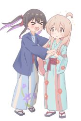 Rule 34 | &gt; &lt;, 2girls, :d, ahoge, black hair, blush, brown eyes, commentary, floral print, flying sweatdrops, full body, hair between eyes, hair ornament, hairclip, heart, heart in mouth, highres, holding hands, japanese clothes, kimono, light brown hair, long hair, long sleeves, multicolored hair, multiple girls, onii-chan wa oshimai!, open mouth, own hands together, oyama mahiro, oyama mihari, purple hair, sandals, sash, sfm zhang, siblings, simple background, sisters, smile, sweatdrop, tabi, twintails, two-tone hair, white background, wide sleeves, xd, yukata, zouri