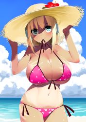 Rule 34 | 1girl, beach, bikini, blonde hair, blue eyes, blush, bracelet, breasts, cleavage, cloud, day, flower, front-tie top, gen (black factory), hat, hat flower, hibiscus, highres, holding, holding clothes, holding hat, huge breasts, jewelry, large breasts, looking at viewer, mouth hold, navel, ocean, original, outdoors, pink bikini, revealing tanlines, short hair, side-tie bikini bottom, sky, smile, solo, standing, straw hat, swimsuit, tan, tanline, tanlines
