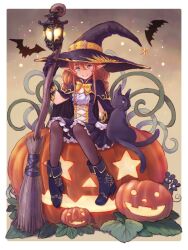 Rule 34 | 1girl, animal, bat (animal), black cat, boots, bow, bowtie, braid, broom, brown hair, cape, cat, corset, dress, frilled dress, frills, green eyes, halloween, hat, hat belt, holding, holding broom, jack-o&#039;-lantern, lantern, large hat, long hair, looking at viewer, mouse (animal), multiple tails, night, night sky, original, pantyhose, pointy ears, pumpkin, sitting, sky, smile, solo, soujirou, tail, twin braids, witch, witch hat