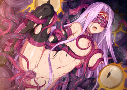 Rule 34 | 1girl, arms behind back, black thighhighs, blindfold, breasts, censored, collar, detached sleeves, eyeball, facial mark, fate/stay night, fate (series), forehead, forehead mark, horosuke, knee up, large breasts, long hair, medusa (fate), medusa (rider) (fate), monster, mosaic censoring, navel, nipple stimulation, nipple tweak, nipples, nude, open mouth, parted bangs, purple hair, restrained, sidelocks, spread legs, sweat, tentacle sex, tentacles, thighhighs, thighs, torn clothes, vaginal, very long hair