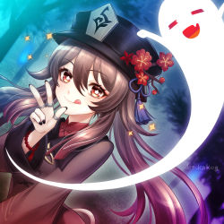 Rule 34 | 1girl, :d, :q, brown hair, chinese clothes, commentary request, den (dendenkog), flower, genshin impact, ghost, hair between eyes, hat, hat flower, hat ornament, highres, hu tao (genshin impact), jewelry, long hair, long sleeves, looking at viewer, open mouth, orange eyes, ring, sidelocks, smile, symbol-shaped pupils, tongue, tongue out, twintails, v