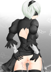 Rule 34 | 1girl, anus, artist request, ass, ass juice, blindfold, clothes lift, dildo, dress, from behind, gradient background, highres, looking back, nier (series), nier:automata, no panties, sex toy, short hair, skirt, skirt lift, solo, thighhighs, white hair, 2b (nier:automata)