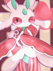Rule 34 | chromatic aberration, commentary request, cowboy shot, creatures (company), game freak, gen 7 pokemon, holding, looking at viewer, lurantis, nintendo, no humans, one eye closed, pink ribbon, pokemon, pokemon (creature), ribbon, shito (luyumash), solo, valentine