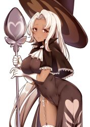 Rule 34 | 1girl, absurdres, ascot, breasts, brown capelet, brown dress, brown eyes, brown hat, capelet, cookie run, covered navel, cowboy shot, dark-skinned female, dark skin, dress, frilled capelet, frills, garter straps, gloves, hat, heart, heart print, highres, holding, holding spoon, holding staff, humanization, large breasts, latte cookie, long hair, looking at viewer, oversized object, parted bangs, side slit, simple background, smile, solo, sparkle, spoon, staff, thighhighs, very long hair, white ascot, white background, white gloves, white hair, white thighhighs, wide hips, witch hat, zhi zhi/zu zu