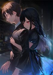 Rule 34 | 1boy, 1girl, black hair, blazer, blurry, blurry background, brown eyes, brown hair, collared shirt, commentary request, dress, formal, from side, hair ribbon, highres, holding person, hug, hug from behind, jacket, long hair, looking down, multicolored clothes, multicolored dress, natsunagi nagisa, original, red eyes, ribbon, sash, shirt, short hair, short sleeves, standing, suit, tuxedo, umibouzu (niito)