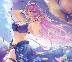 Rule 34 | 1girl, ahoge, bare shoulders, bikini, bikini top only, blue sky, bracelet, breasts, cloud, commentary request, dutch angle, granblue fantasy, hair ribbon, hat, unworn hat, unworn headwear, highres, jewelry, large breasts, long hair, looking at viewer, mouth hold, navel, nos, ribbon, ribbon in mouth, sarong, silva (granblue fantasy), silver hair, sky, solo, straw hat, swimsuit, thigh strap, yellow eyes