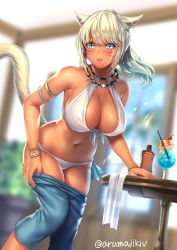 Rule 34 | 1girl, animal ears, aruma jiki, warrior of light (ff14), bikini, blonde hair, blue eyes, bracelet, breasts, cat ears, cat tail, cup, drink, drinking glass, drinking straw, facial mark, final fantasy, final fantasy xiv, front-tie bikini top, front-tie top, jewelry, large breasts, miqo&#039;te, necklace, ponytail, solo, swimsuit, table, tail, tan, undressing