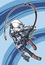 Rule 34 | 10s, 1girl, black pantyhose, blue eyes, boots, brown footwear, camouflage, camouflage jacket, character name, commentary, earmuffs, fingerless gloves, fish, fishing, fishing line, fishing rod, flat cap, gloves, hammer and sickle, hat, hibiki (kancolle), highres, jacket, kantai collection, long hair, long sleeves, one eye covered, open mouth, pantyhose, pleated skirt, raythalosm, silver hair, skirt, solo, twitter username, verniy (kancolle), white hat