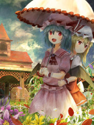 Rule 34 | 2girls, :d, :t, absurdres, ascot, bat wings, blonde hair, blouse, blue hair, brooch, building, cloud, cloudy sky, commentary request, cowboy shot, day, ekaapetto, flandre scarlet, flower, garden, hat, hat ribbon, highres, holding, holding umbrella, jewelry, light particles, looking at viewer, looking to the side, mob cap, multiple girls, open mouth, outdoors, parasol, pink shirt, pink skirt, pout, puffy short sleeves, puffy sleeves, red ascot, red eyes, red skirt, red vest, remilia scarlet, ribbon, scenery, shirt, short hair, short sleeves, siblings, side ponytail, sisters, skirt, skirt set, sky, smile, standing, touhou, umbrella, vest, wings, wrist cuffs
