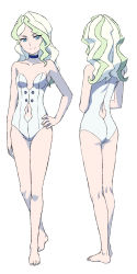 Rule 34 | 1girl, ass, back, barefoot, blonde hair, diana cavendish, feet, little witch academia, navel, one-piece swimsuit, satochi, solo, standing, swimsuit, thighs
