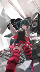 1girl artist_name bad_id bad_pixiv_id character_name female_focus glasses green_hair hatsune_miku headphones highres kocchi_muite_baby_(vocaloid) panties pantyshot skirt solo speaker striped_clothes striped_thighhighs swd3e2 thighhighs underwear upskirt vocaloid