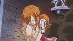 Rule 34 | 1girl, bare shoulders, breasts, cleavage, closed eyes, dress, female focus, hairband, highres, indoors, large breasts, long hair, nami (one piece), nami (one piece) (whole cake island), nipples, one piece, open mouth, orange hair, ponytail, screencap, sideboob, sitting, smoke, solo, tattoo, teeth, third-party edit, tongue