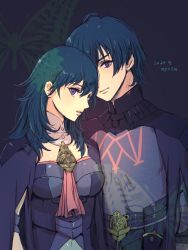Rule 34 | 1boy, 1girl, 2020, armor, black armor, black cape, black shirt, blue background, blue eyes, blue hair, breasts, byleth (female) (fire emblem), byleth (fire emblem), byleth (male) (fire emblem), cape, cleavage cutout, clothing cutout, dagger, dated, detached collar, dual persona, elbow pads, emblem, fire emblem, fire emblem: three houses, gauntlets, gloves, hair between eyes, highres, knife, long sleeves, looking at viewer, looking to the side, medium breasts, medium hair, navel, navel cutout, nintendo, patterned clothing, sheath, sheathed, shirt, short hair, shoulder armor, sidelocks, simple background, standing, weapon, yamamori kinako