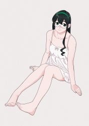 Rule 34 | 1girl, bare arms, bare legs, bare shoulders, barefoot, black hair, commentary request, dress, feet, film grain, flat chest, full body, green eyes, green hairband, grey background, hairband, kantai collection, long hair, nightgown, ojipon, ooyodo (kancolle), simple background, sitting, solo, spaghetti strap, toe scrunch, white dress