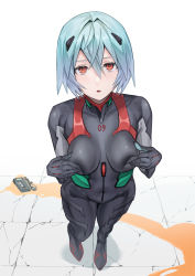Rule 34 | 1girl, ayanami rei, bad id, bad pixiv id, blue hair, bodysuit, breasts, breasts squeezed together, covering nipples, covering privates, crack, cracked floor, female focus, hair between eyes, highres, interface headset, masuo, neon genesis evangelion, pilot suit, plugsuit, rebuild of evangelion, short hair, skin tight, solo, white background