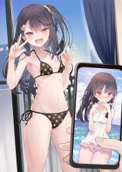 Rule 34 | 1girl, :d, armpits, bare arms, bare shoulders, bikini, black bikini, black hair, blush, breasts, cellphone, fang, hair ornament, hair scrunchie, halterneck, hand up, holding, holding phone, long hair, looking at viewer, multiple views, navel, one-piece swimsuit, one side up, open mouth, original, phone, red eyes, scrunchie, side-tie bikini bottom, small breasts, smartphone, smile, star (symbol), star print, steepled fingers, stomach, strap pull, string bikini, swimsuit, thighs, tokuno yuika, v, v-shaped eyebrows, white one-piece swimsuit