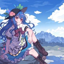 Rule 34 | 1girl, black hat, blue hair, blue skirt, blush, boots, brown footwear, buttons, center frills, collared shirt, cross-laced footwear, food, food-themed hat ornament, frilled skirt, frills, fruit, fruit hat ornament, hair between eyes, hat, hat ornament, highres, hinanawi tenshi, knee boots, lace-up boots, long hair, open mouth, peach, peach hat ornament, rainbow order, red eyes, satomachi, shirt, short sleeves, skirt, smile, solo, touhou, white shirt