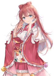Rule 34 | 1girl, bell, blue eyes, blush, bow, copyright request, earrings, frilled sleeves, frills, highres, jewelry, long hair, looking at viewer, mochitsuki usa, official art, parted bangs, red bow, red hair, red skirt, skirt, smile, solo, standing, virtual youtuber, white background