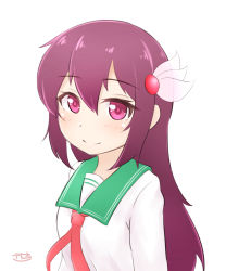 Rule 34 | 1girl, green sailor collar, hair ornament, highres, kantai collection, kisaragi (kancolle), kisaragi kai ni (kancolle), looking at viewer, neckerchief, one-hour drawing challenge, purple eyes, purple hair, red neckerchief, sailor collar, simple background, smile, solo, upper body, white background, zanne