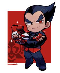 Rule 34 | 1boy, black footwear, black jacket, black pants, chibi, closed mouth, crossed arms, fingerless gloves, gloves, heterochromia, holding, holding shoes, jacket, kazama jin, kotorai, male focus, pants, red eyes, red gloves, scar, scar on face, shoes, signature, smile, solo, studded gloves, tekken, thick eyebrows
