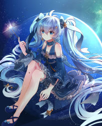 Rule 34 | 1girl, absurdres, baocaizi, bare shoulders, blue bow, blue dress, blue eyes, blue hair, blush, bow, breasts, choker, closed mouth, collarbone, detached sleeves, dress, eyes visible through hair, frilled dress, frills, full body, hair bow, hair ornament, hatsune miku, highres, knees up, long hair, long sleeves, looking at viewer, medium breasts, sky, smile, solo, star (sky), star (symbol), star hair ornament, starry sky, twintails, very long hair, vocaloid, wand, wide sleeves, yuki miku