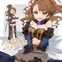 Rule 34 | &gt; &lt;, 1girl, arms behind back, bdsm, beatrix (granblue fantasy), beatrix (halloween) (granblue fantasy), blush, bondage, bound, bound arms, breasts, brown hair, cleavage, commentary request, full body, granblue fantasy, green eyes, medium breasts, motoaki, multiple views, navel, open mouth, ponytail, solo, wavy hair, wavy mouth