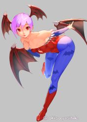 Rule 34 | 1girl, akisa yositake, animal print, bare shoulders, bat print, bent over, blue pantyhose, boots, breasts, collarbone, commentary request, cover, covered navel, demon girl, fang, fangs, full body, grey background, hand on own chest, head wings, highres, knee boots, leg up, leotard, lilith aensland, looking at viewer, low wings, off-shoulder leotard, pantyhose, parted lips, pink hair, print pantyhose, red eyes, red footwear, red leotard, red wings, short hair, simple background, small breasts, smile, solo, spikes, standing, standing on one leg, twitter username, vampire (game), wings
