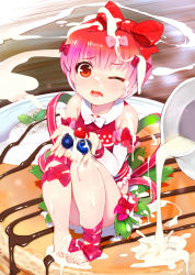 Rule 34 | 1girl, ankle bow, ankle ribbon, barefoot, blueberry, bow, cake, chocolate syrup, commentary request, cream, d;, food, food-themed clothes, fruit, highres, holding, holding food, holding fruit, in food, leg ribbon, mikazuki akira!, mini person, minigirl, one eye closed, open mouth, original, personification, pink bow, red bow, red eyes, red hair, ribbon, sexually suggestive, short hair, solo, strawberry, teeth, tongue, white bow
