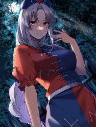 Rule 34 | 1girl, bamboo, bamboo forest, blue hat, braid, breasts, cross, dress, dutch angle, forest, frilled sleeves, frills, full moon, grey hair, hat, highres, imperishable night, keenii (kenny86), large breasts, long hair, moon, nature, nurse cap, open mouth, red cross, short sleeves, single braid, smile, solo, touhou, upper body, very long hair, yagokoro eirin, yellow eyes